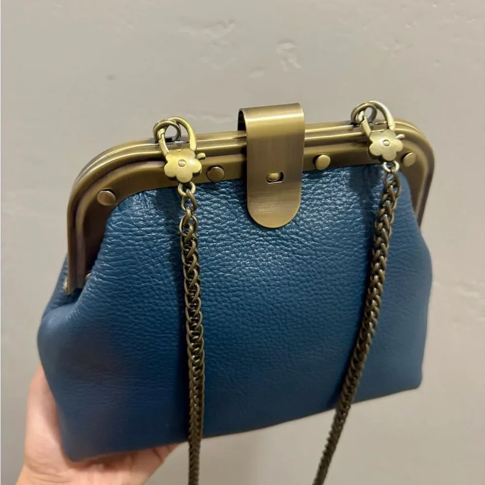 Blue Premium Pebble Leather Handmade Unique Rivet Metal Frame Handbag/Crossbody